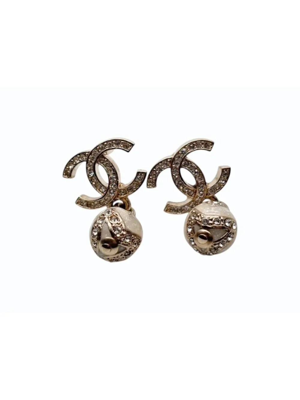 Chanel CC Logo Dangling Earrings Rhinestone Metal Resin